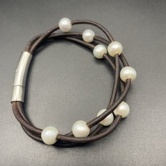 Genuine Pearl Leather Bracelet 7" Multi Strand Stainless Steel Push Lock Clasp - Picture 5 of 6